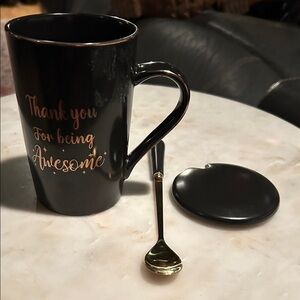 Black and Gold Mug with Spoon and Lid